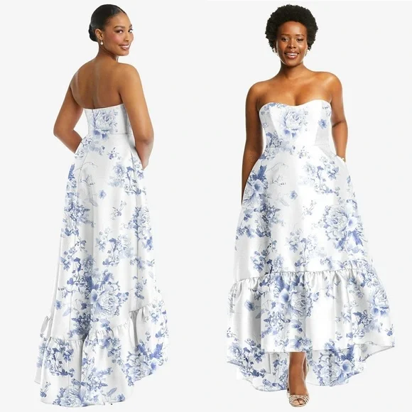 NWT ALFRED SUNG Floral Satin Twill Sweetheart Neck Strapless Ruffle Hem‎ Gown 14 - Picture 5 of 7